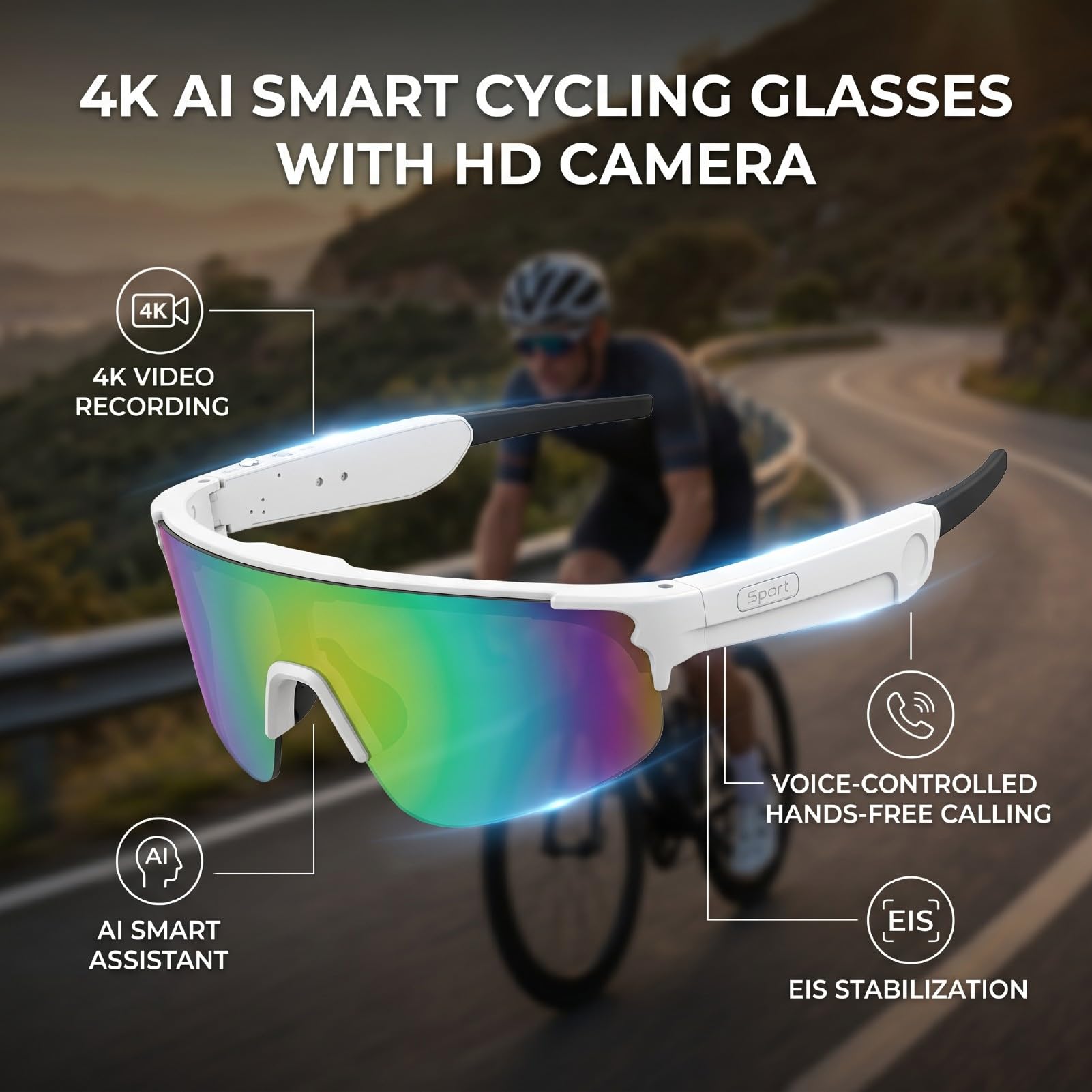 Occhiali Intelligenti da Ciclismo, Occhiali Sportivi con Fotocamera HD da 8 MP, Stabilizzazione EIS, BT 5.3, for Ciclismo e attività All'aperto (Bianco Blu)