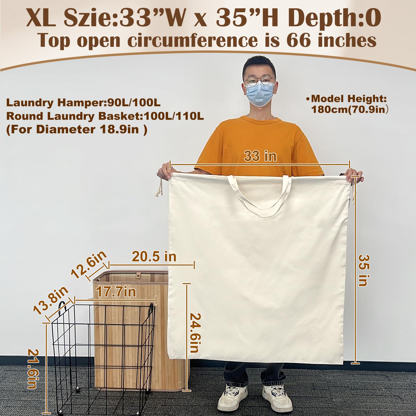 Bolsa de lavandería de lona, extra grande, resistente, 83 cm de ancho x 89 cm de alto, beige, paquete de 2