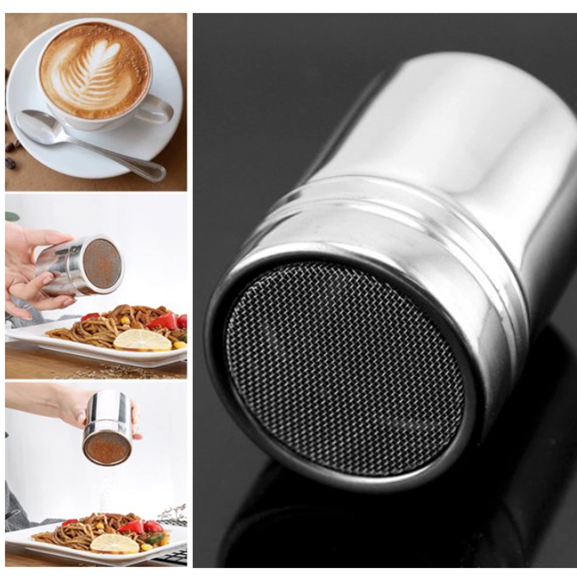 Shaker per cipria, in rete di acciaio inox, con 16 stencil per