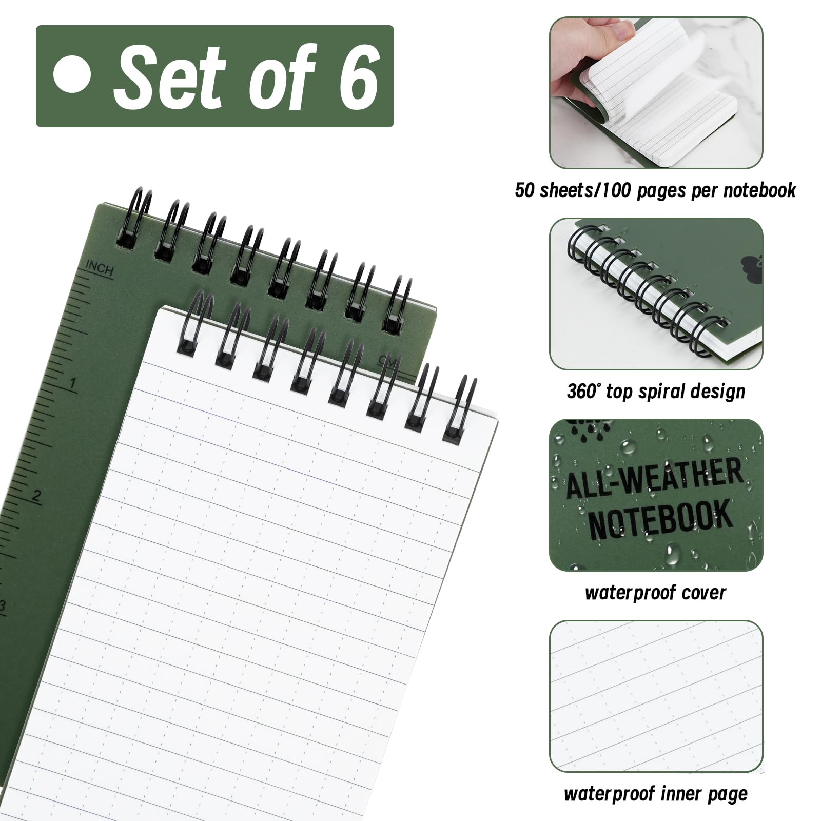 6 Quaderni Impermeabili Tascabili - Con Penna, 50 Fogli, Per Outdoor E Appunti
