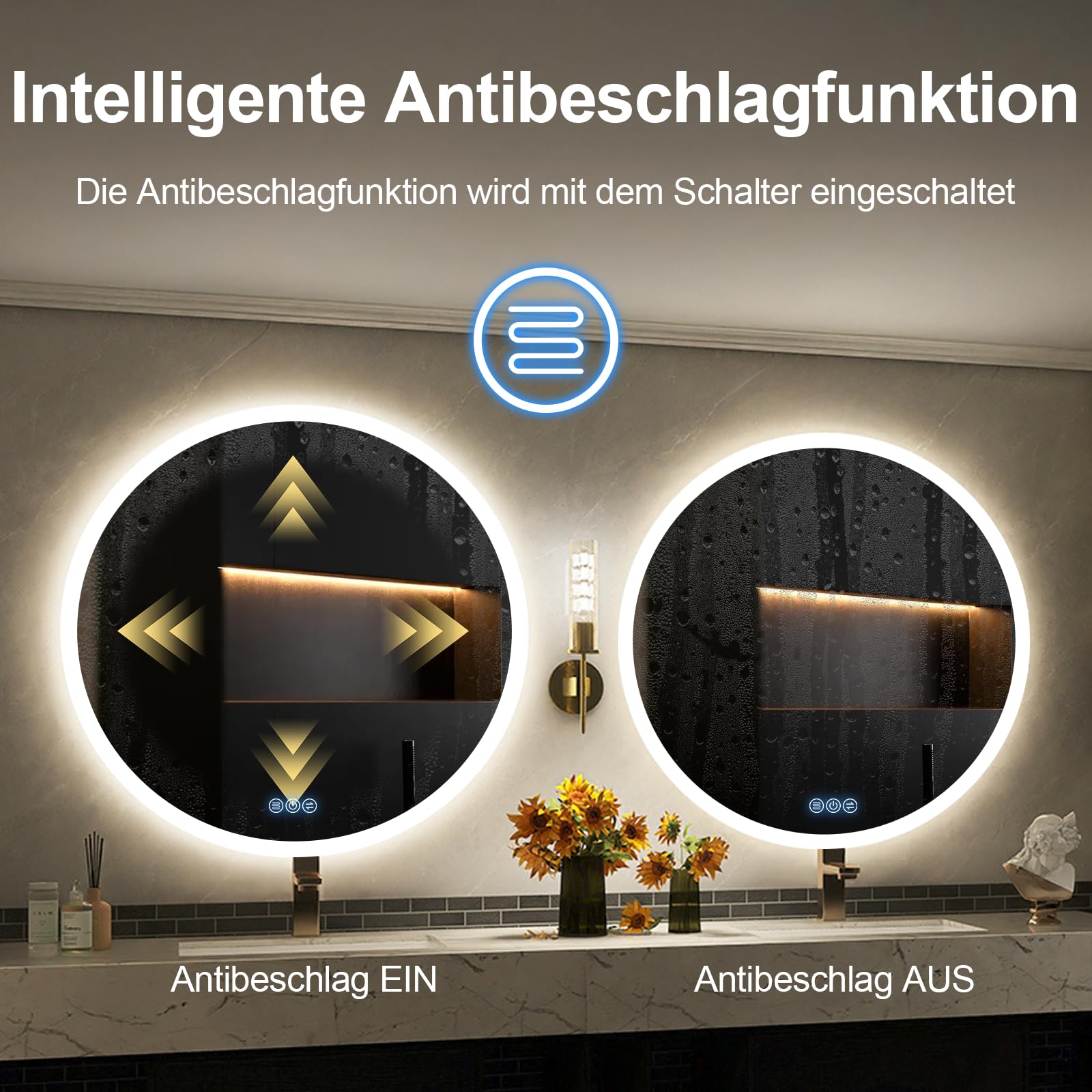 Specchio bagno con luce Rotondo 80cm, Specchio Bagno LED con Antifog, Dimmerabile, 3 Colori Luce, Memoria, HD Vetro Temperato, IP44, Specchio da parete con luce a LED