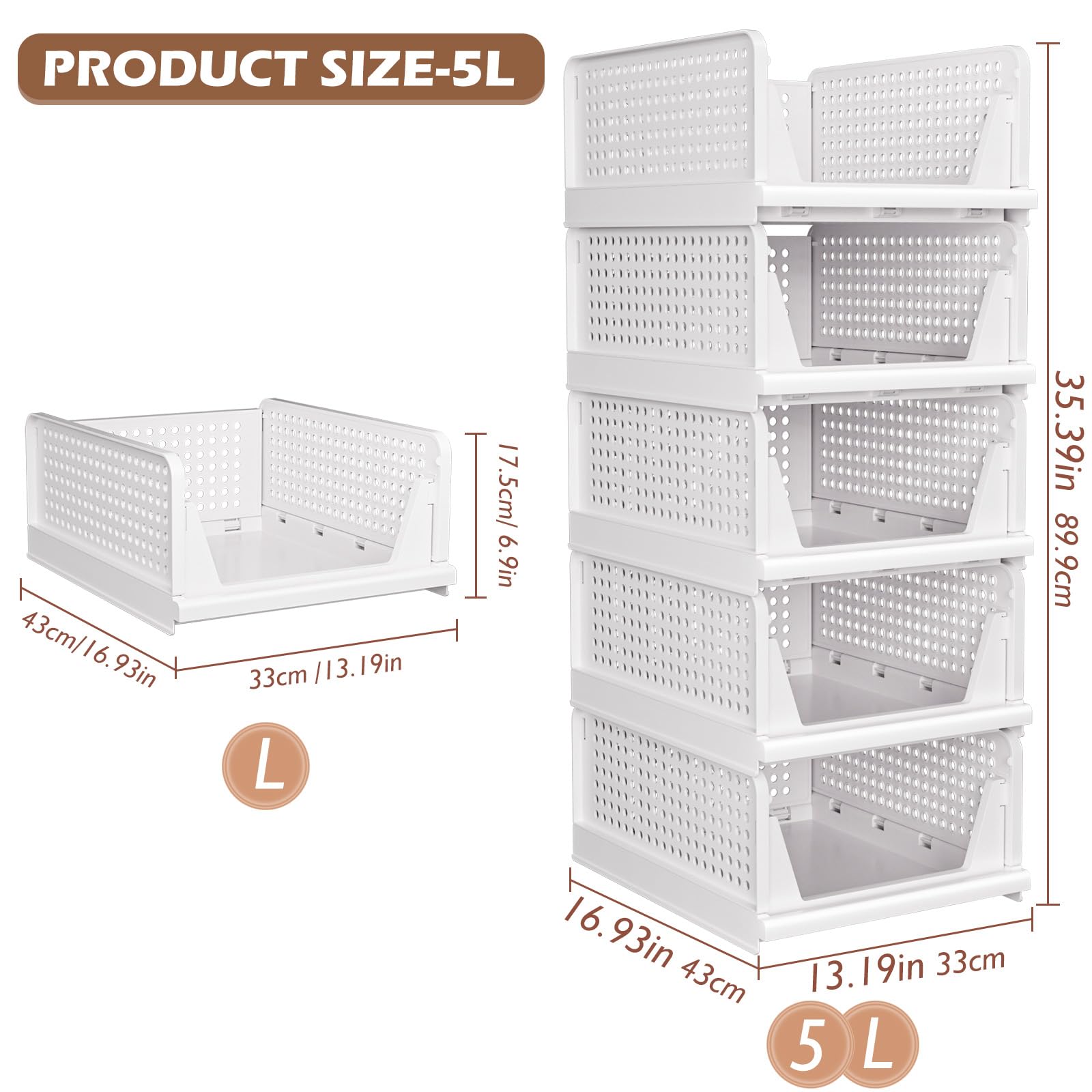 TidyIsles Kleiderschrank Aufbewahrung Organizer - 5 Pack Faltbare Schrank-Organizer, Stapelbare Aufbewahrungsboxen, Kunststoff-Schubladen-Organizer-Korb für Schlafzimmer, Küche, Badezimmer, Weiß