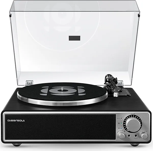 QLEARSOUL ONE-Q Vinyl Record Player (Black), All-in-one HiFi Turntables with Built in Speakers, Bluetooth 5.4, Phono Preamp, Magnetic Cartridge AT-3600L, 33/45 RPM Two Speed, Aux-in, Auto Off