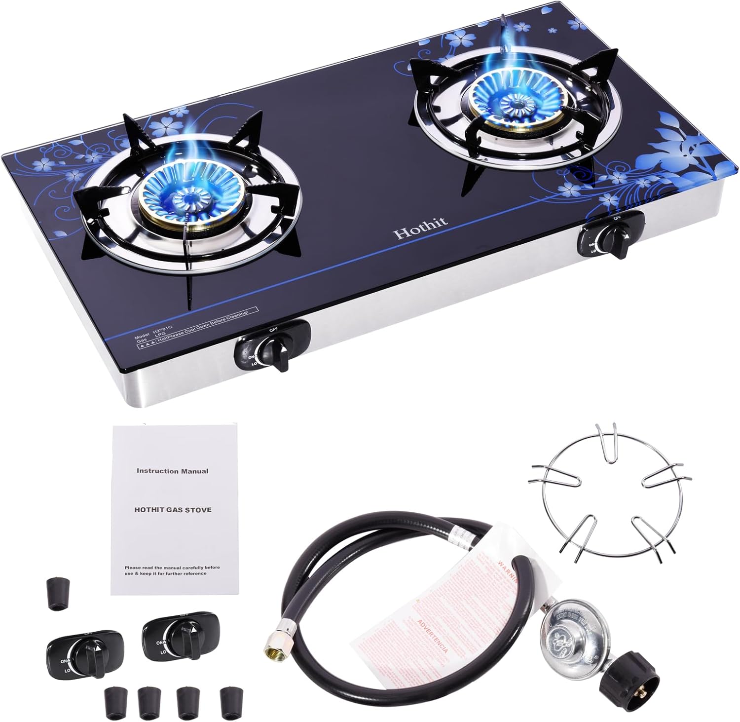 Hothit ガスコンロ 2バーナー アウトドア プロパンストーブ 28600 BTU ポータブル 卓上 自動着火 LPG 強化ガラ キッチン家電