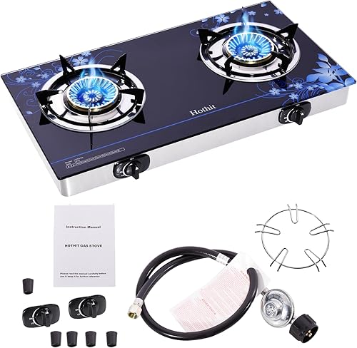 Hothit Estufa de gas de 2 quemadores de propano al aire libre, 28600 BTU, encendido automático portátil GLP vidrio templado para camping, barbacoa