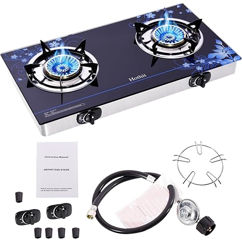 Hothit Gas Cooktop 2 Burner Outdoor Propane Stove, 28600 BTU, Portable Auto Ignition LPG Tempered Glass for camping, Courtyard Barbecue, RV Travel