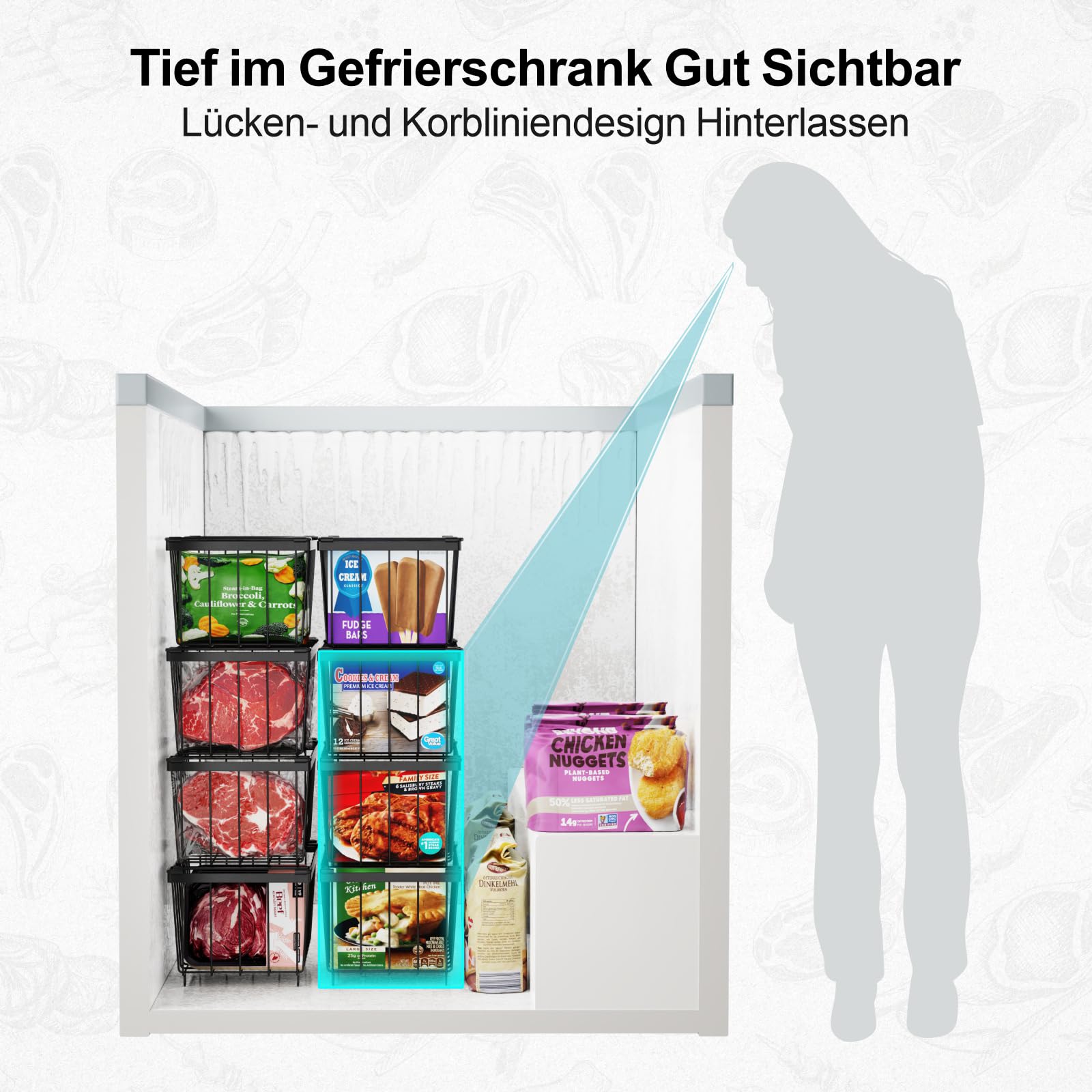 iSPECLE Gefrierkörbe – 4er Stapelbar Gefrierschrank Organizer für 198L Gefriertruhen Einfacher Zugriff auf Tiefkühlkost Platz Sparen Gefrierbehälter Mit Griffen Leicht zu Bewegen, Schwarz