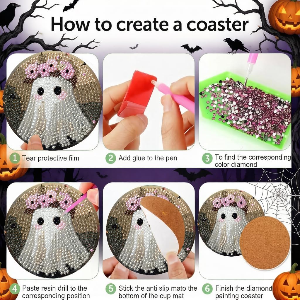 LWZAYS 8 PCS Halloween Ghost Diamond Art Coaster Kits with Holder - Horror Diamond Painting for Adults Beginners - 5D Gem Art Dots Paintings with Cork Pads - Crafts Supplies