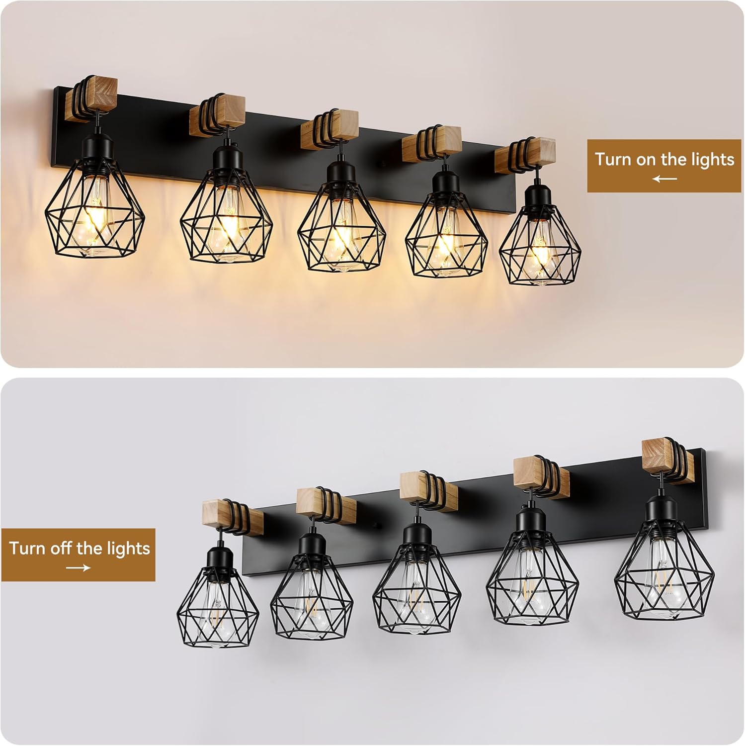 Farmhouse Vanity Light for Bathroom, 5-Light Wood Bathroom Vanity Light Fixtures Over Mirror, Rustic Sconces Wall Lighting with Metal Lampshade for Living Room, Bedroom, Hallway