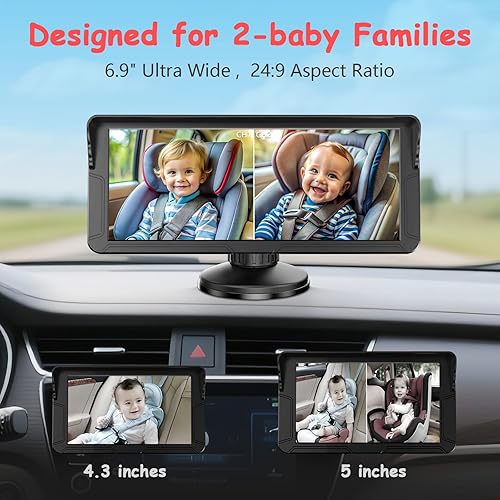 Miniatura 3 de Cámara dual de coche para bebé para 2 niños, pantalla dividida de 6.9 pulgadas, pantalla HD ultraancha con 2 cámaras, visión nocturna IR, fácil