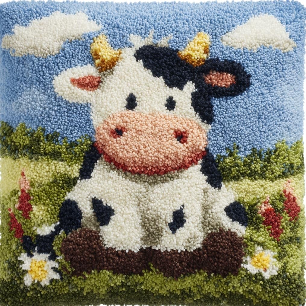 AxiangziK Latch Hook Needlecraft Pillow Kit,Cows and Flowers