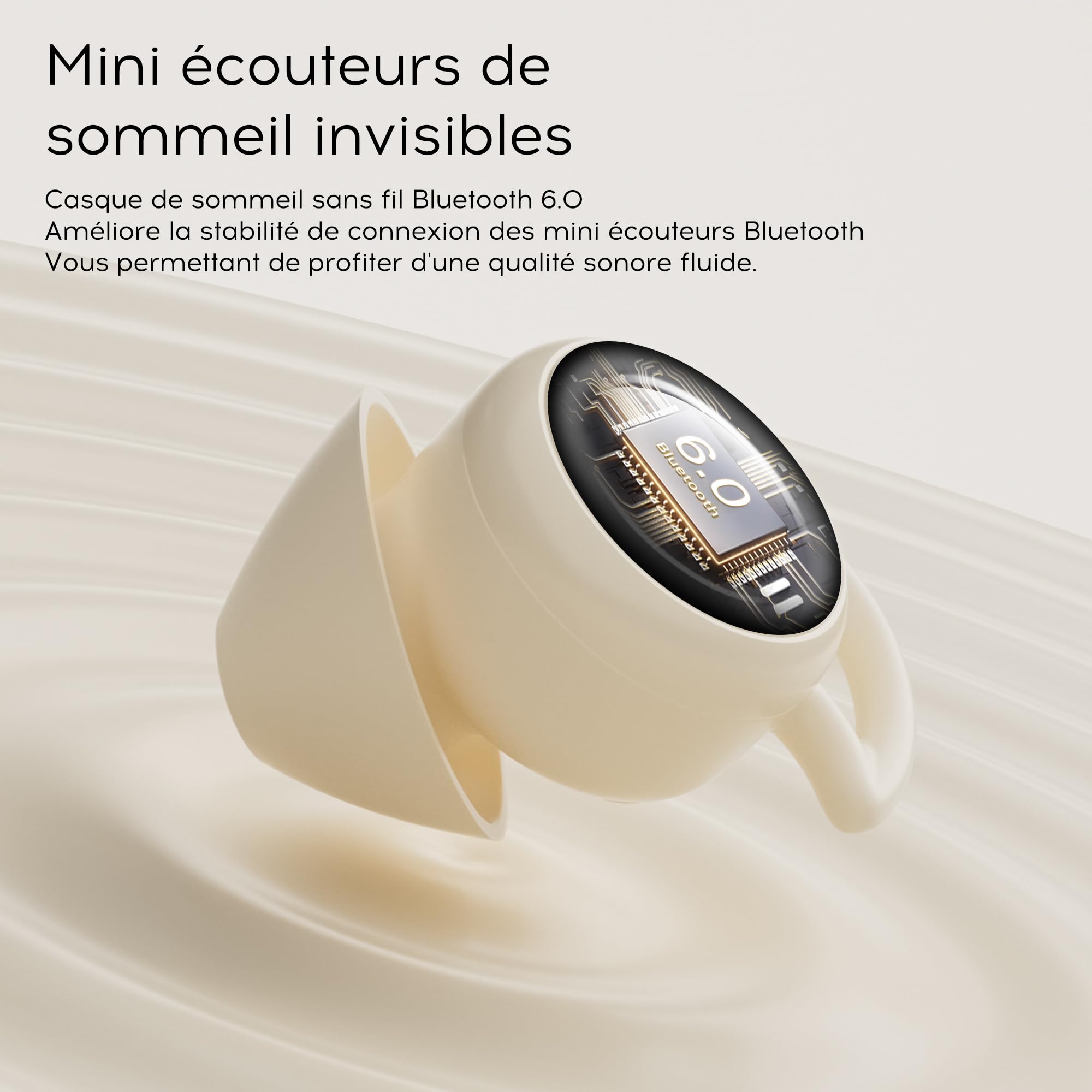 Écouteurs de Sommeil, Mini Écouteurs Bluetooth 6.0 Invisibles en Silicone Liquide avec Affichage de Puissance, pour Sport, Travail et randonnée - Blanc cassé