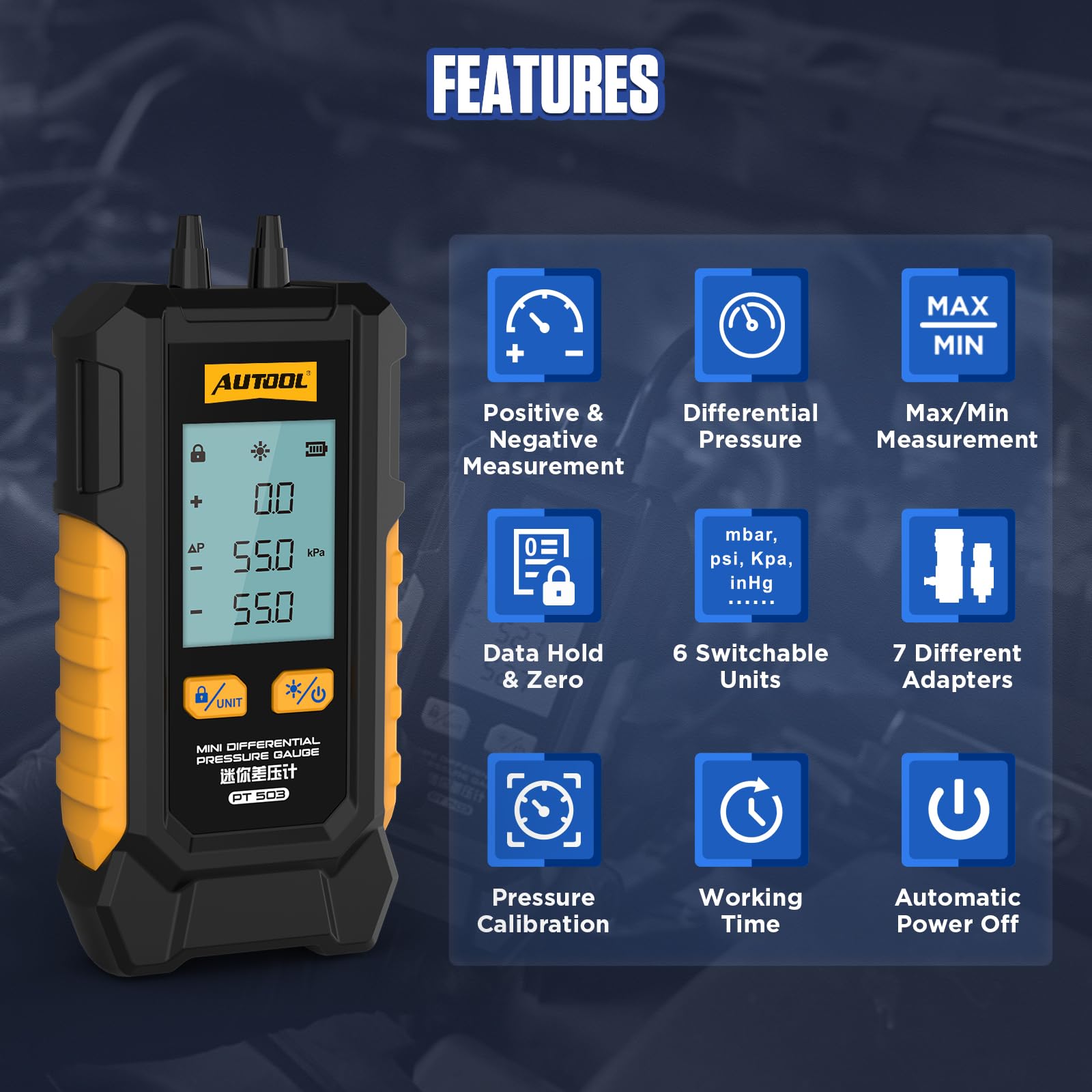 AUTOOL Manomètre de Pression de Gaz, PT503 Manomètre de Digital Numérique Manomètre Différentiel HVAC, ±0.5% FSO Précision, 101Kpa~200Kpa, écran LCD Rétroéclairé