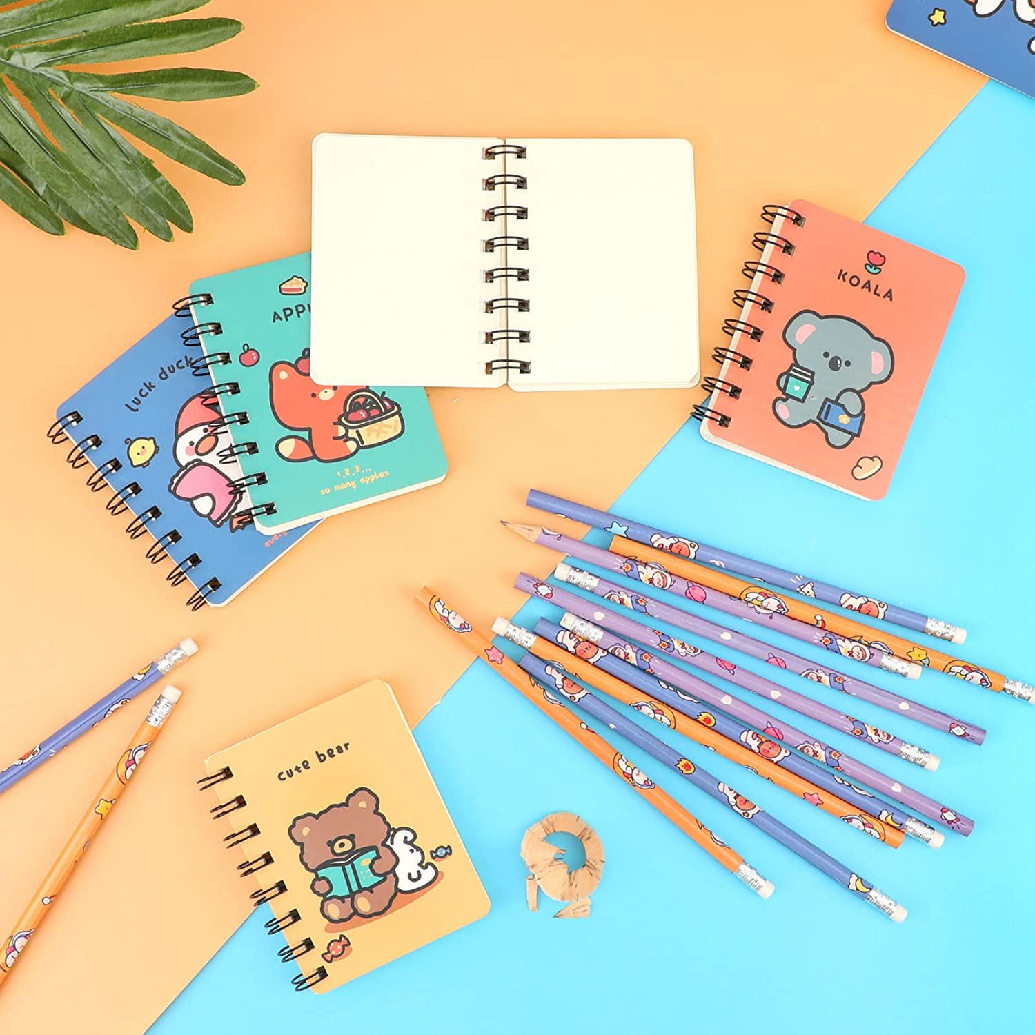 Mini Notepads, Inspirational Notepads, Animal Pattern Kids Wooden Pencils Set with Rubber Eraser for Kids Party Bag Fillers Party Favor, for School Office Home Travel Present Supplies (7 pieces 1 set)