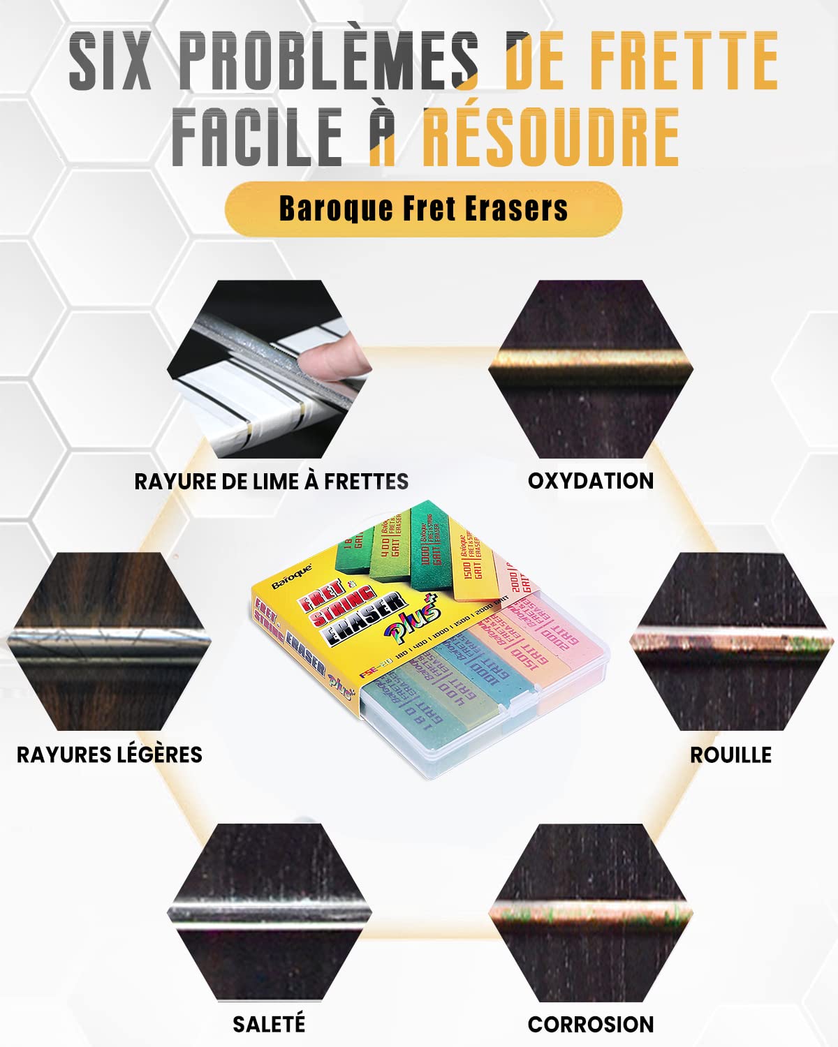 Baroque Gomme Frettes Guitare, Polissage de Nettoyage de Frette, Kit d’outils de Polissage de Frettes, Nettoyer les Frettes/Cordes/Métal, Ensemble de 5 (180& 400& 1000& 1500& 2000 grains) | Kit d’outils de Polissage de Frettes, Nettoyer les Frettes/Cordes