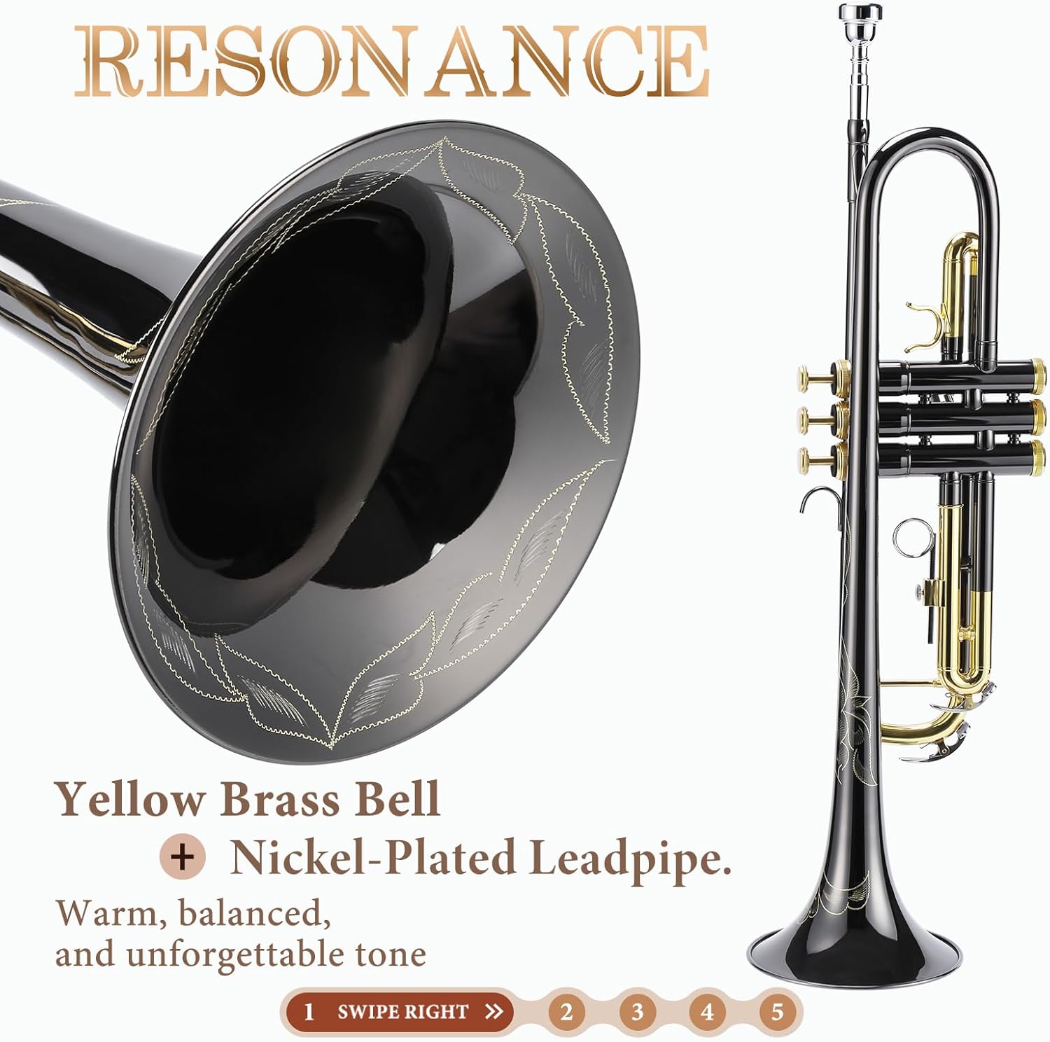 ALLSET Bb Standard Trumpet Set for Beginners – Brass Trumpet Kit with Musical Instruments Case, Mouthpiece, Cleaning Cloth, Valve Brushes – Trompeta for Student Band & Orchestr (Gold & Black)