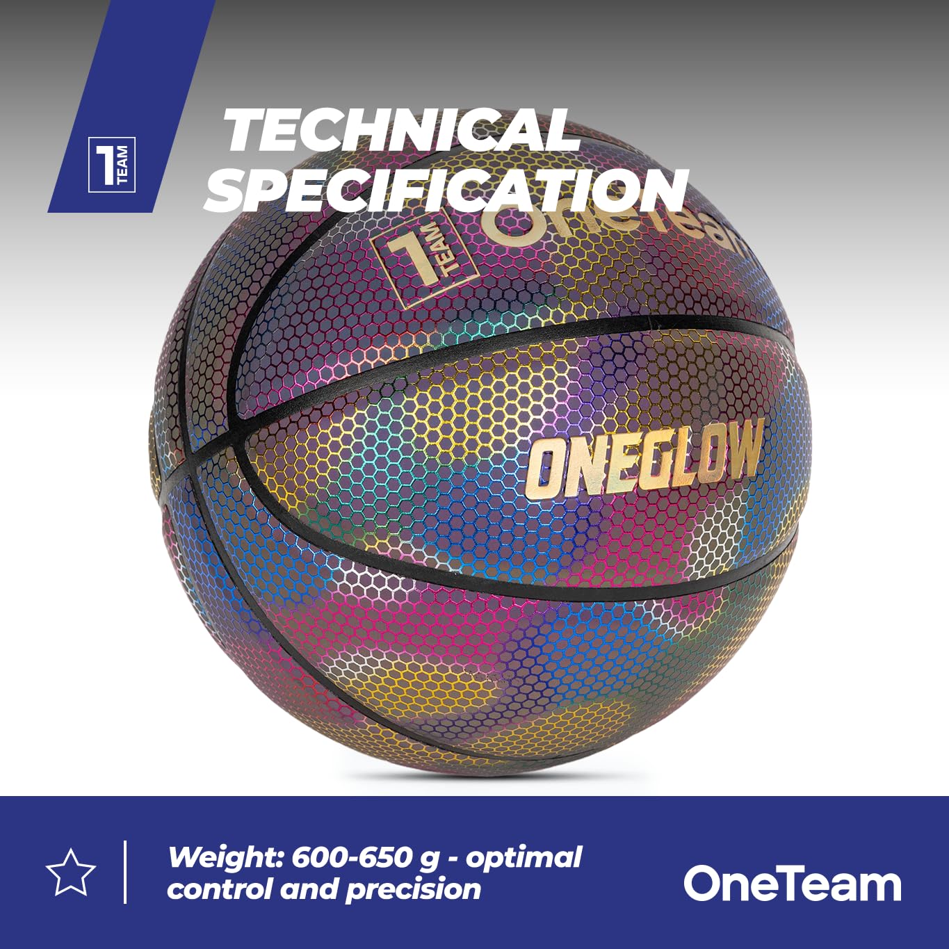 OneTeam Balón de baloncesto holográfico en tamaño 7 OT-BB01H Basket con un diámetro de 24,6 cm con materiales holográficos de PU y goma de alta calidad para entrenamiento y juego