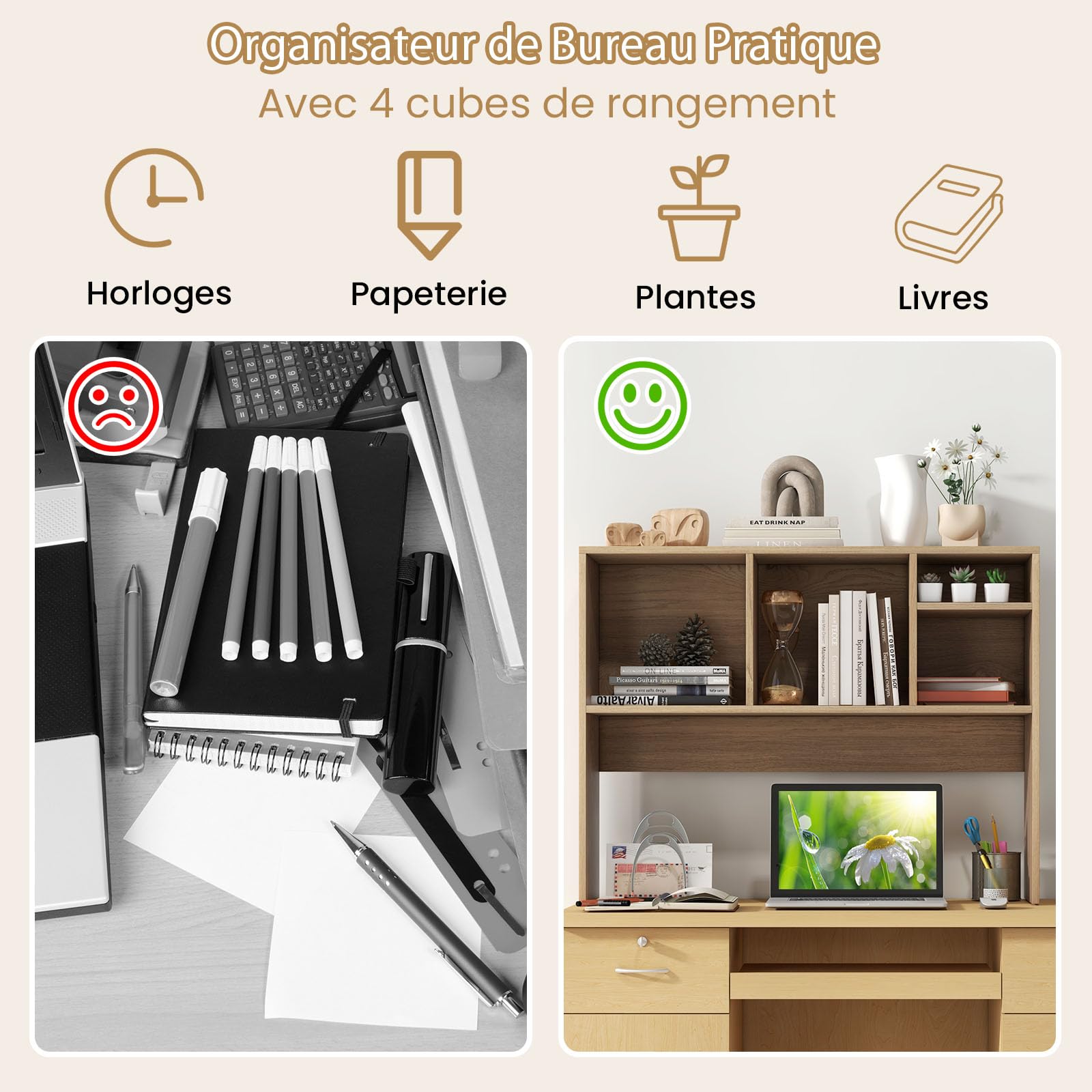 GOPLUS Etagere Bureau a Poser en Bois avec Plusieurs Tablettes, 94 x 25 x 73 CM Organiseur de Bureau avec 4 Compartiments Ouvert, Dispositif Anti-Basculement (Naturel, 94 x 25 x 73 CM|4 Bacs)