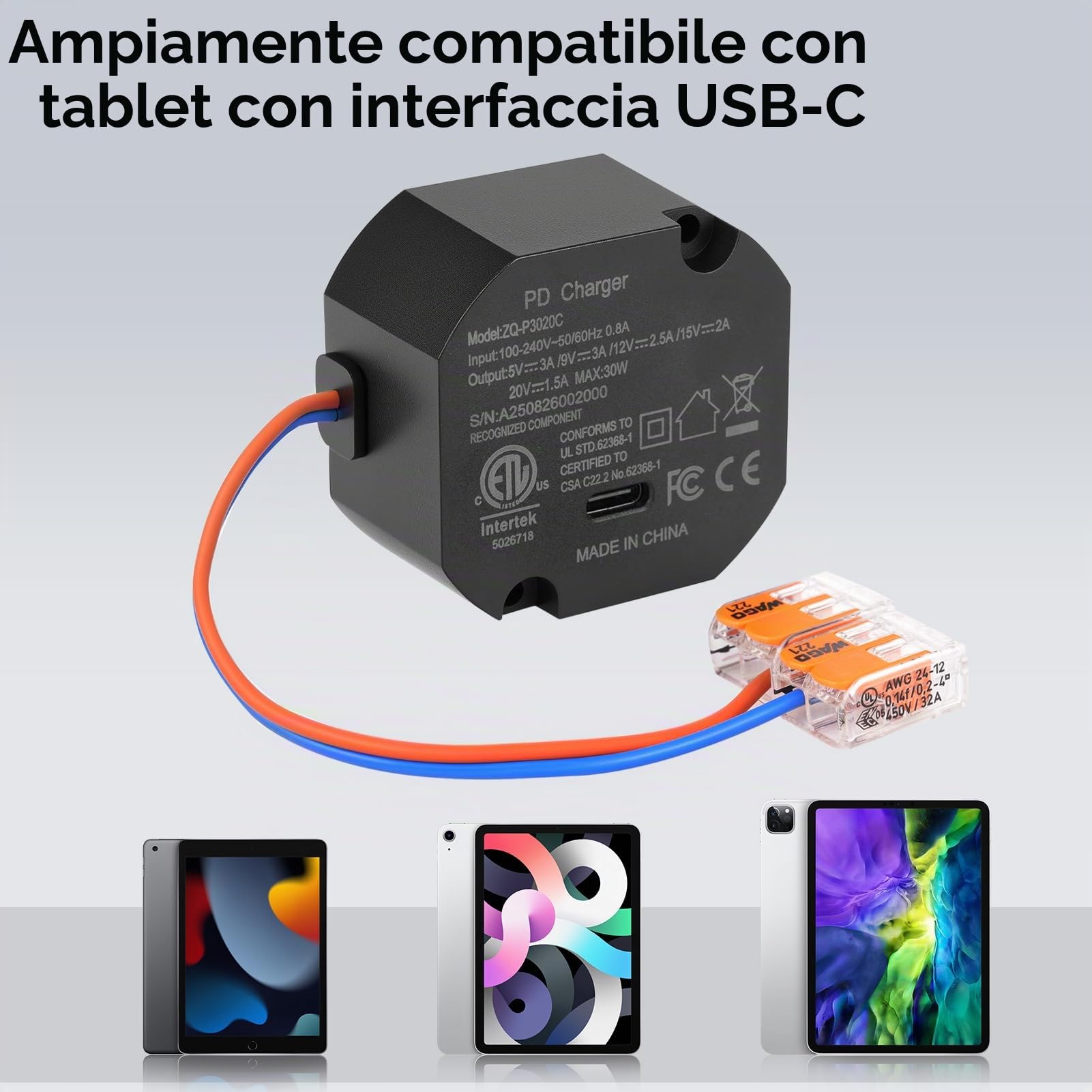 Alimentatore Tablet USB C da Parete 30 W 86 x 86 mm Negoziazione Automatica