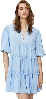 KOTON womens Puff Sleeve Mandarin Neck Tiered Mini Dress