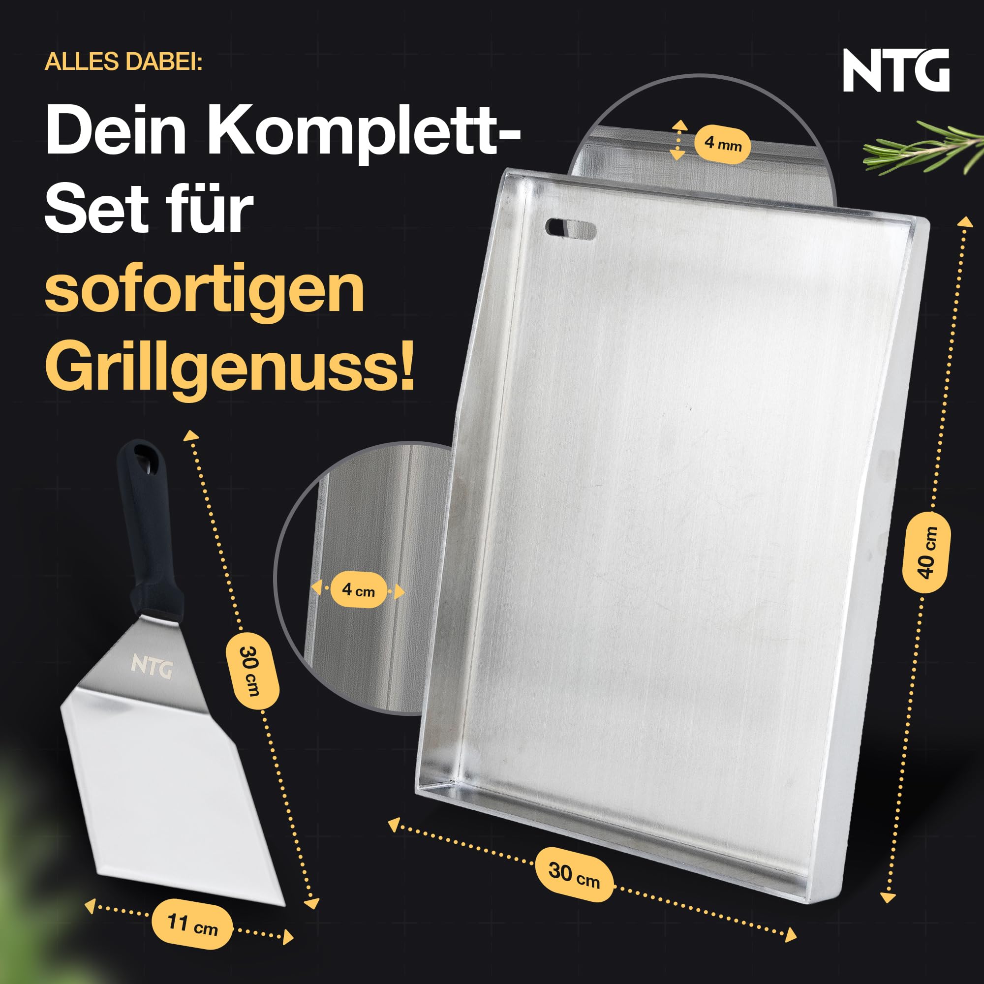 NTG - Płyta grillowa ze stali nierdzewnej 4 mm [40 x 30 cm] – Plancha z odpływem tłuszczu i szpachelką do grilla – do grilla gazowego i węglowego – odporne na odkształcenia akcesoria do grilla