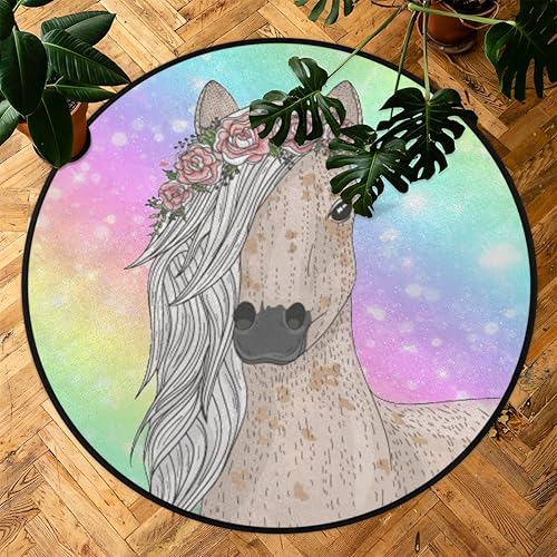 Miniatura 7 de Round Rug 3ft Floral Flower Horse Circular Area Rug Washable Non-Slip Circle Rug for Living Room Bedroom Office Home Holiday Decor Carpet