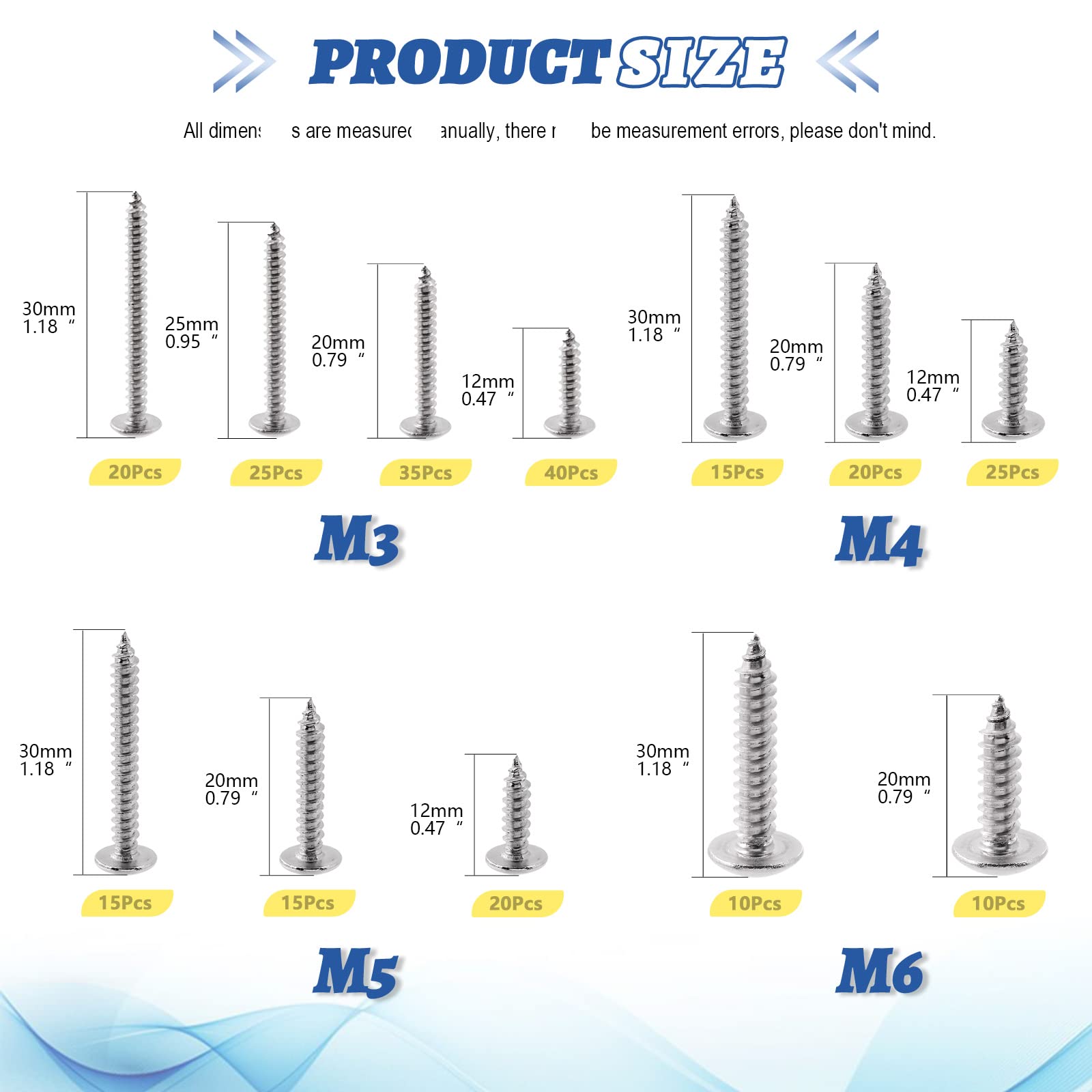 Glarks 250Pcs M3 M4 M5 M6 Metric 304 Stainless Steel Phillips Truss Head Sheet Metal Tek Screws Assortment Kit - Image 2