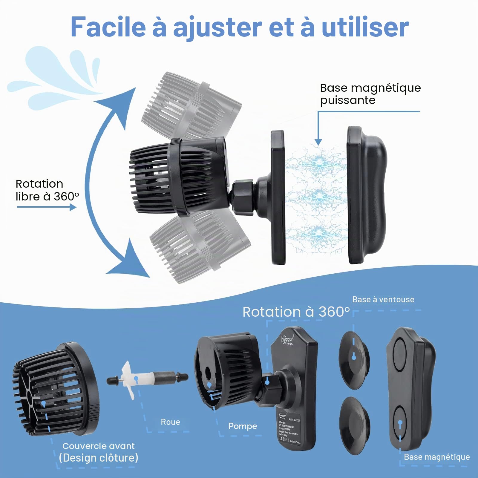 hygger 7875 LPH Pompe de Brassage Aquarium 360 ° Rotative Pompe de Circulation pour Aquarium, 12W Wavemaker Pompes à eau pour Aquarium