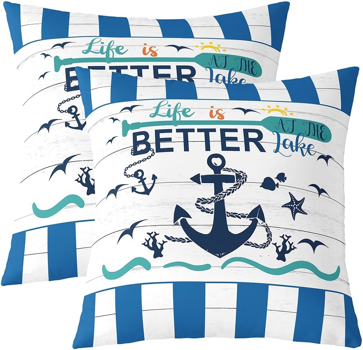 Erosebridal Nautical Anchor Square Pillow Cases 24x24 inch Set of 2,Coastal Starfish Coral Seagull Throw Pillow Covers,Rustic Lake House Pillow Covers,Farm Style Wooden Cushion Cases for Bedroom