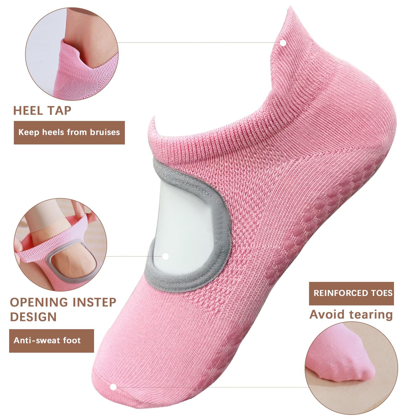 WAJIAFAR Grip Pilates Socks for Women Non Slip Open Top Yoga Socks with Grips for Barre Dance Barefoot 3 Pairs (Black & Gray & Pink)