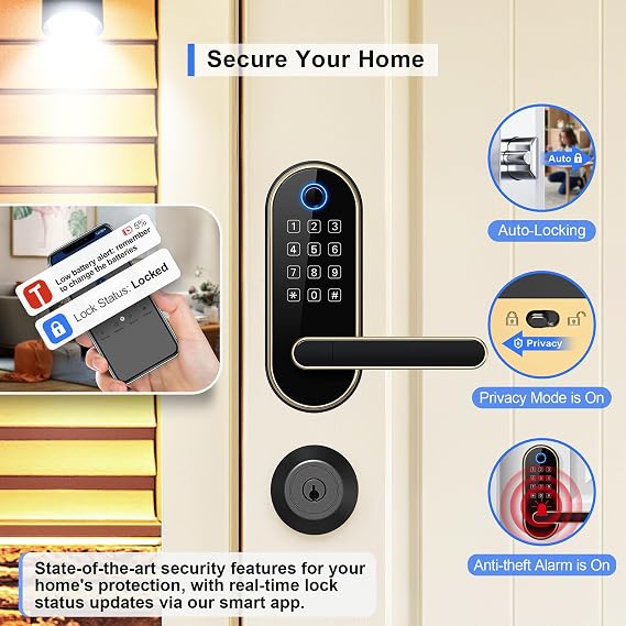 Bluetooth Fingerprint Smart Lock with Handle & Keypad – Fits Most US Doors, DIY Install, Keyless Entry: Code, FOB, Auto-Lock. Ideal for Home, Airbnb, Rental, Kids, Seniors. Alexa & Google Compatible