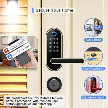 Bluetooth Fingerprint Smart Lock with Handle & Keypad – Fits Most US Doors, DIY Install, Keyless Entry: Code, FOB, Auto-Lock. Ideal for Home, Airbnb, Rental, Kids, Seniors. Alexa & Google Compatible