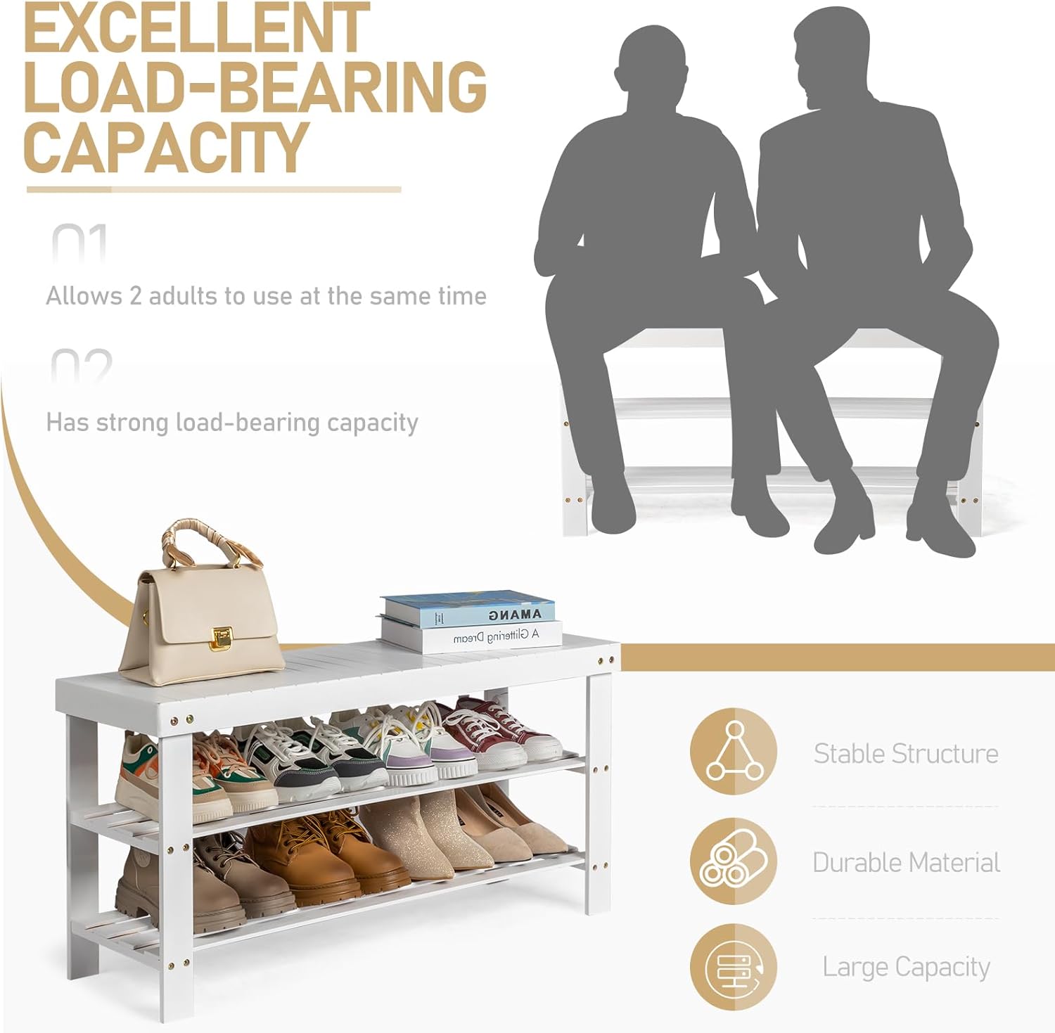 Shoe Rack Bench, 3-Tier Bamboo Shoe Storage Organizer, Entryway Bench,11 x 35.4 x 17.7 Inches, for Entryway Bathroom Bedroom (White)
