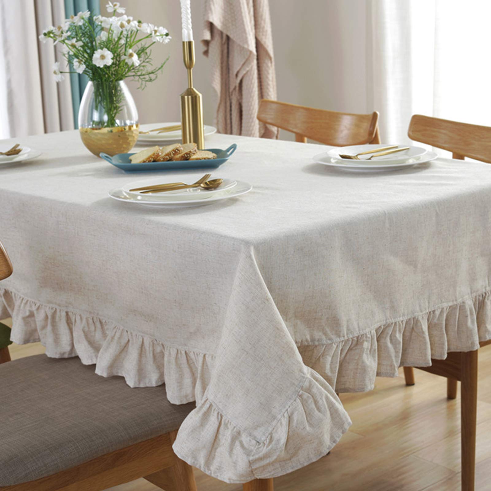 rismart Ruffle Square Linen Table Cloth Cover Tablecloth for Tabletop Desk Adornment Beige 100 x 140 cm, 55.1 x 39.4 inch (Rectangular) - Image 4