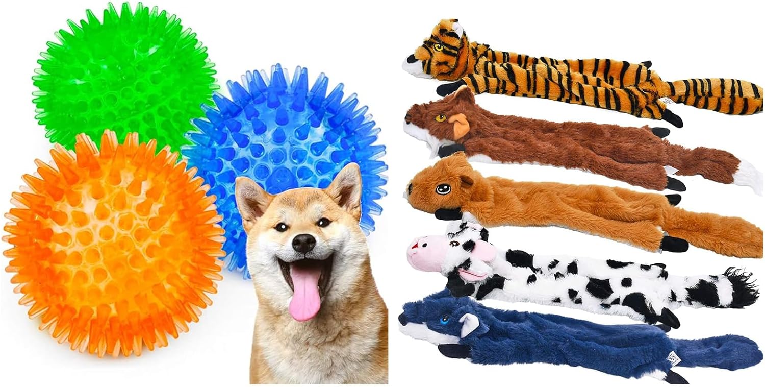 SHARLOVY Dog Squeaky Toys 5 Pack,No Stuffing Animals,and Squeaky Balls for Dogs Small, Fetch Balls for Dogs Rubber 3 Pack Bright Colors TPR