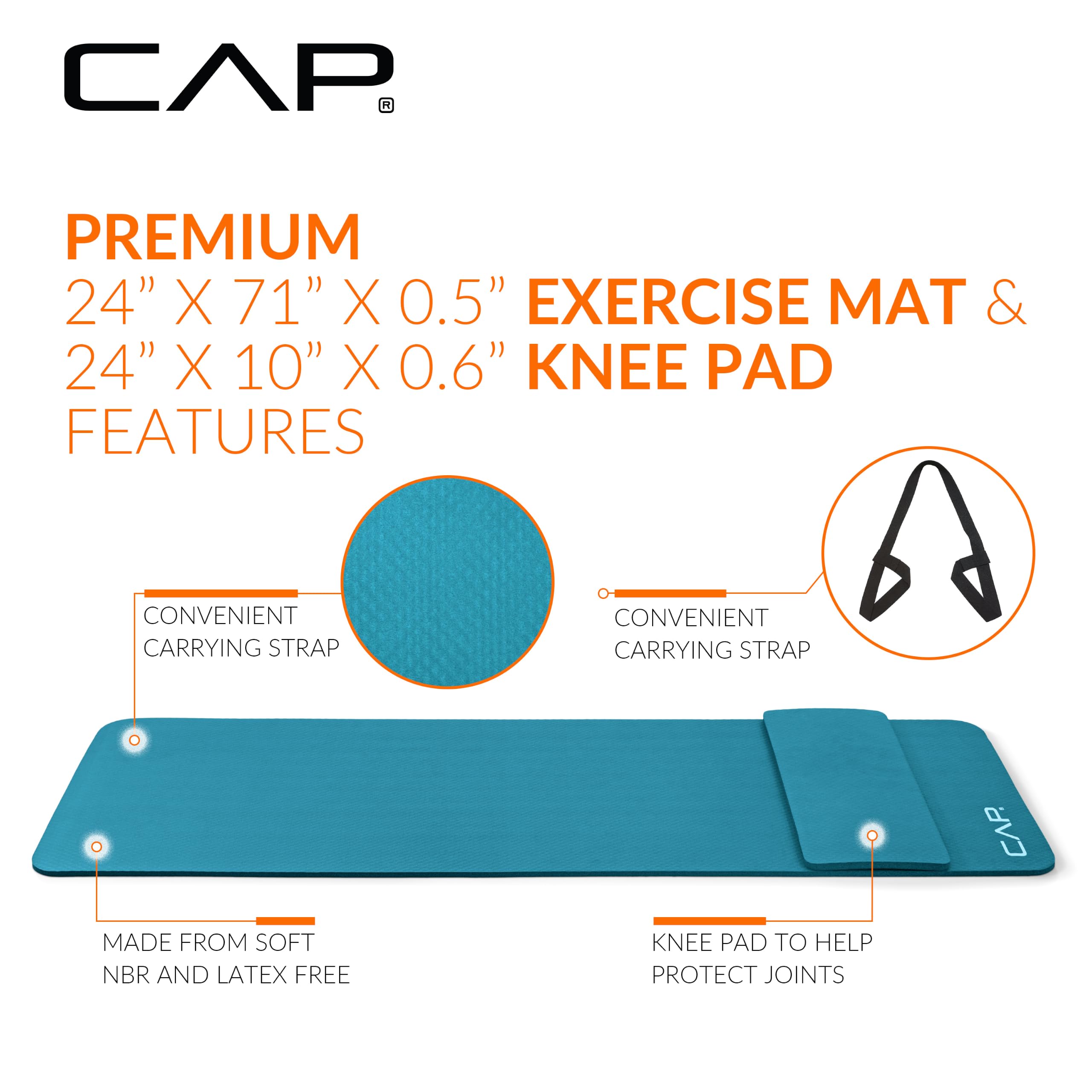 CAP 1/2" Thick Yoga Mat, Exercise Mat with Knee Pad & Strap, Teal view 3