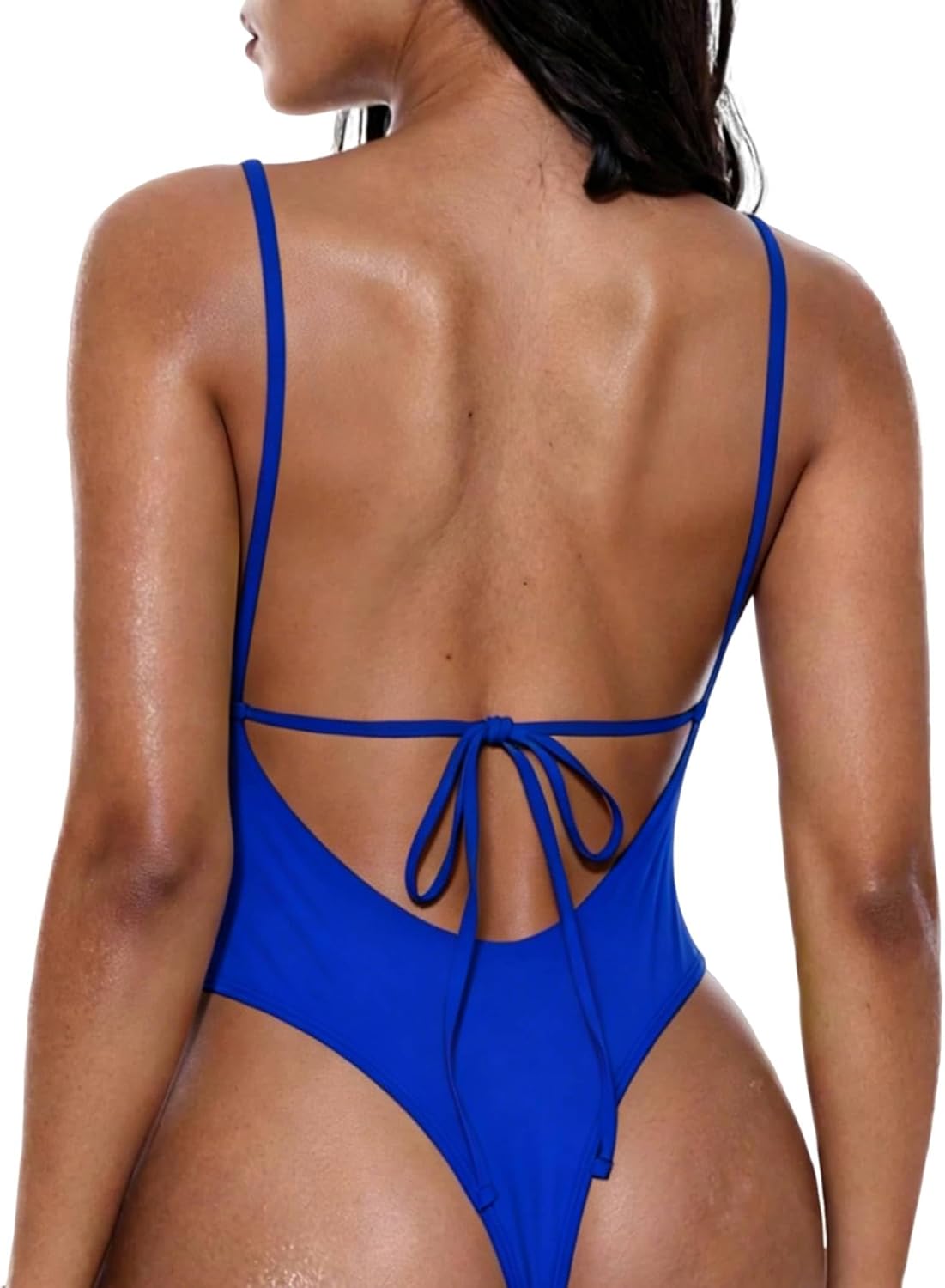 HYTENSUN Sexy One Piece Swimsuit for Women Deep V Neck High Cut Thong Bottom Tie Back Bathing Suit