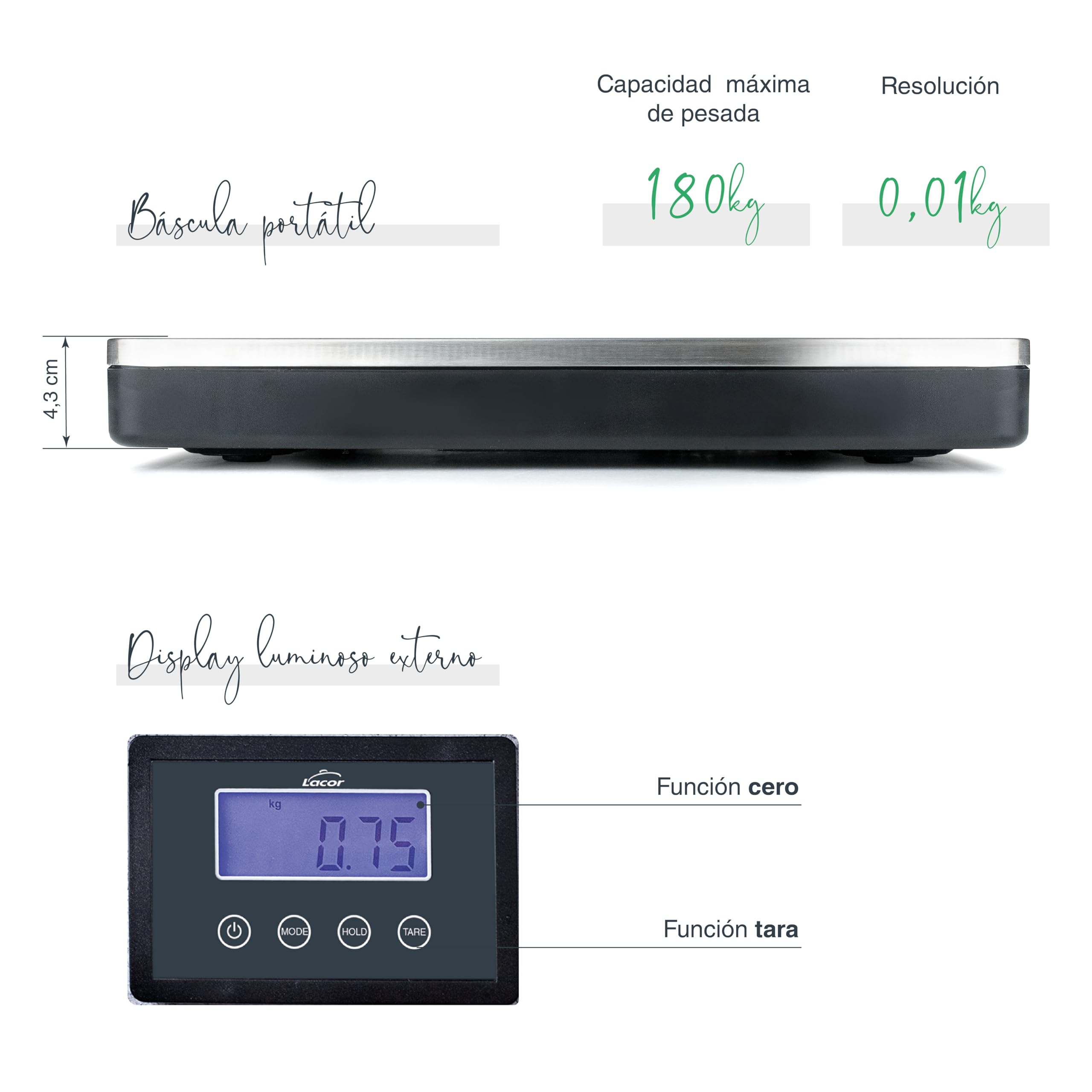 Lacor 61724 - Báscula Cocina, Peso de Cocina, Plataforma Báscula Portátil | En acero inoxidable, para un uso práctico y profesional en cocina; ideal para cocina profesional y uso diario en casa