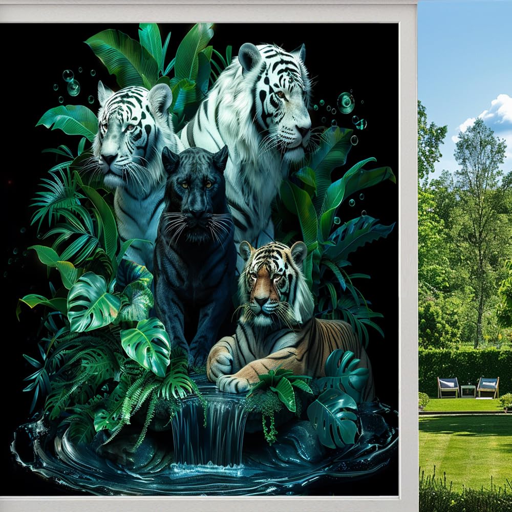Tropical Wildlife Stained Glass Window Film, Rustic Plant River Leopard Tiger Animal Peel and Stick Privacy Film, Frosted Adhesive Vinyl Decorative for Bathroom Windows Glass Doors, （45x90cm）