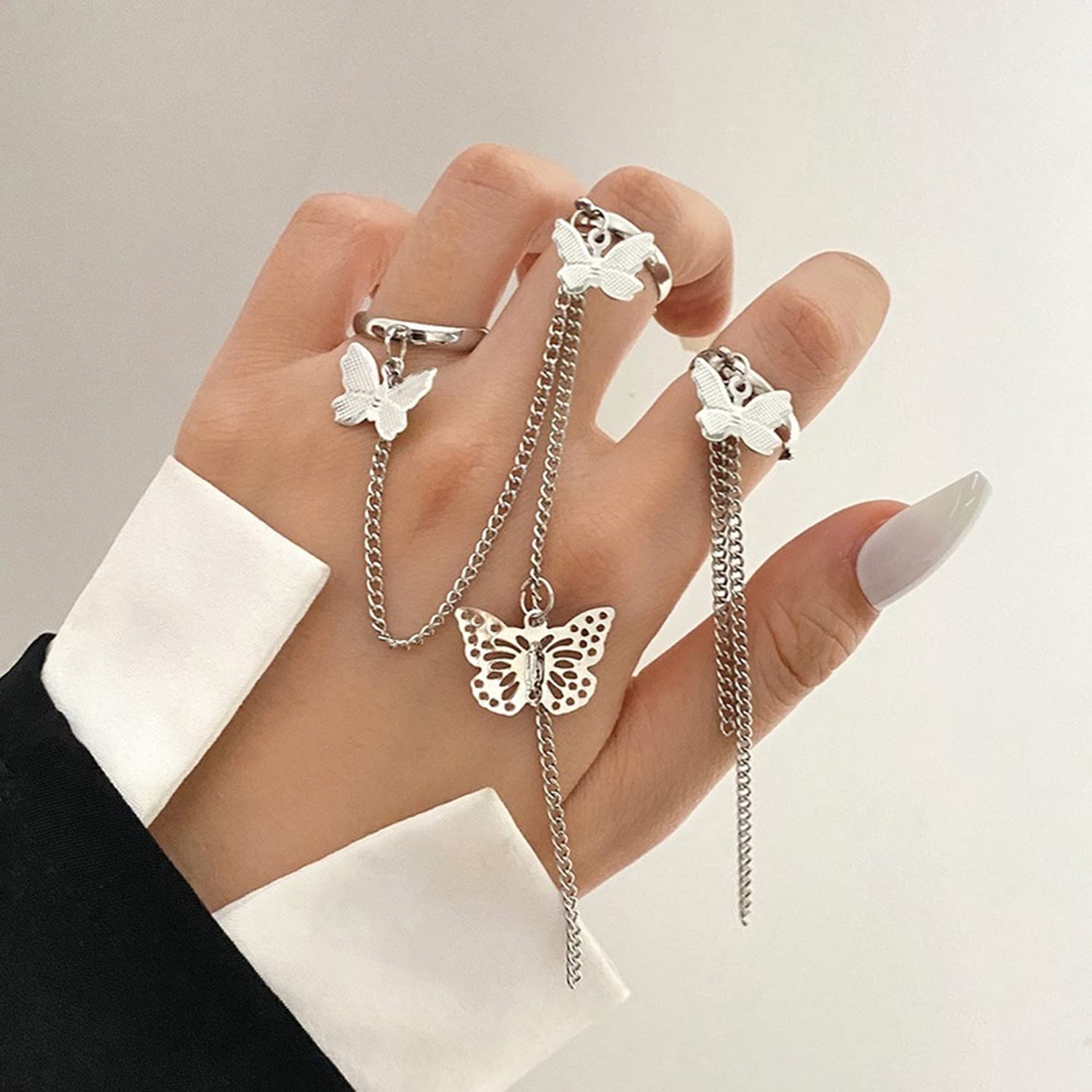 Butterfly Chain Rings Set Plated Toned Inspired