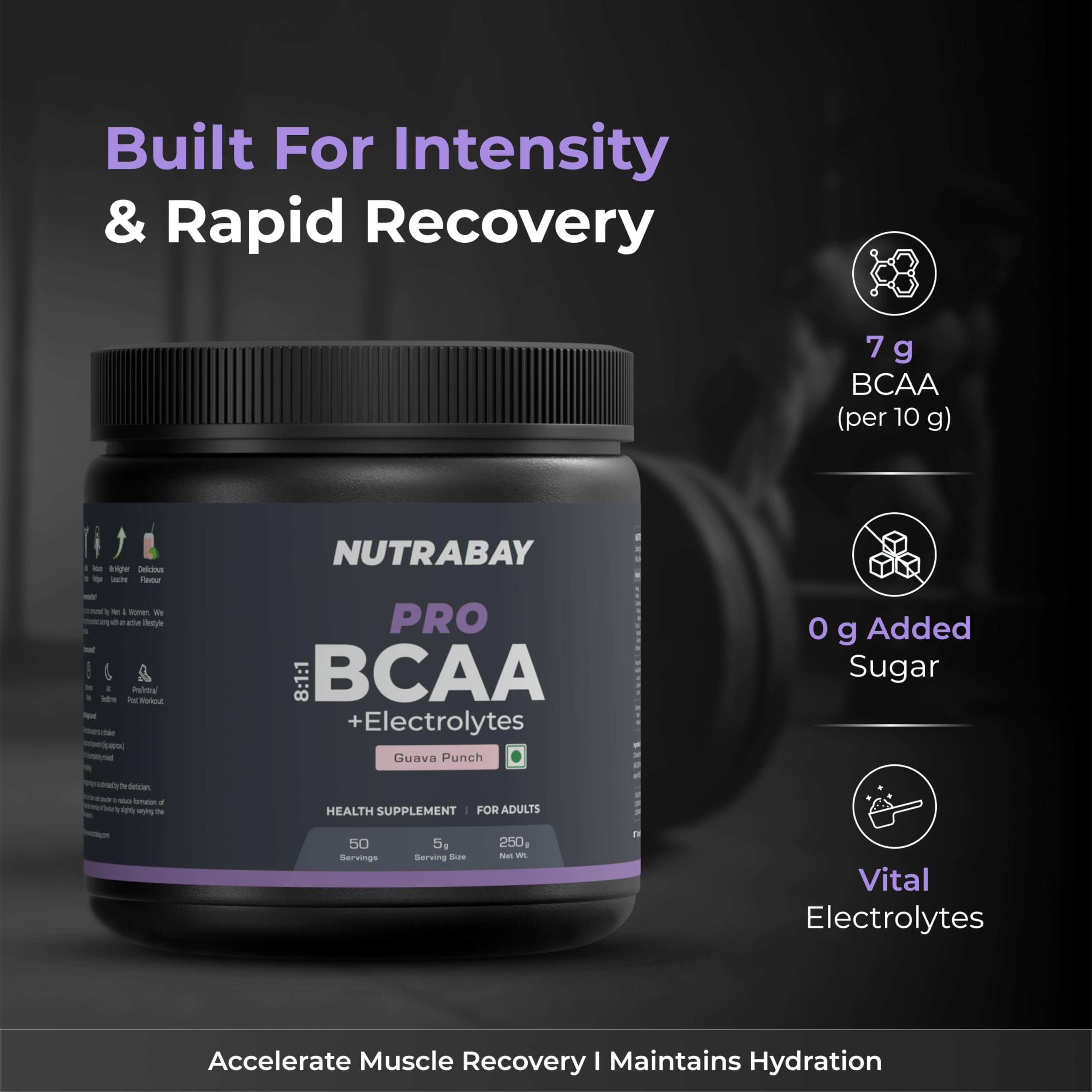 Nutrabay PRO BCAA 8:1:1 with Electrolytes 7000 mg Vegan BCAAs, 1000mg Electrolytes per Serving – Intra/Post Workout Energy Drink – Gluten & Dairy Free - 250g, Guava Punch 1