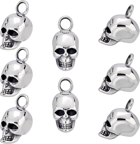 UNICRAFTALE 8 colgantes de calavera de plata antigua de 0.787 in de acero inoxidable con cabeza de calavera estilo retro con agujero grande para