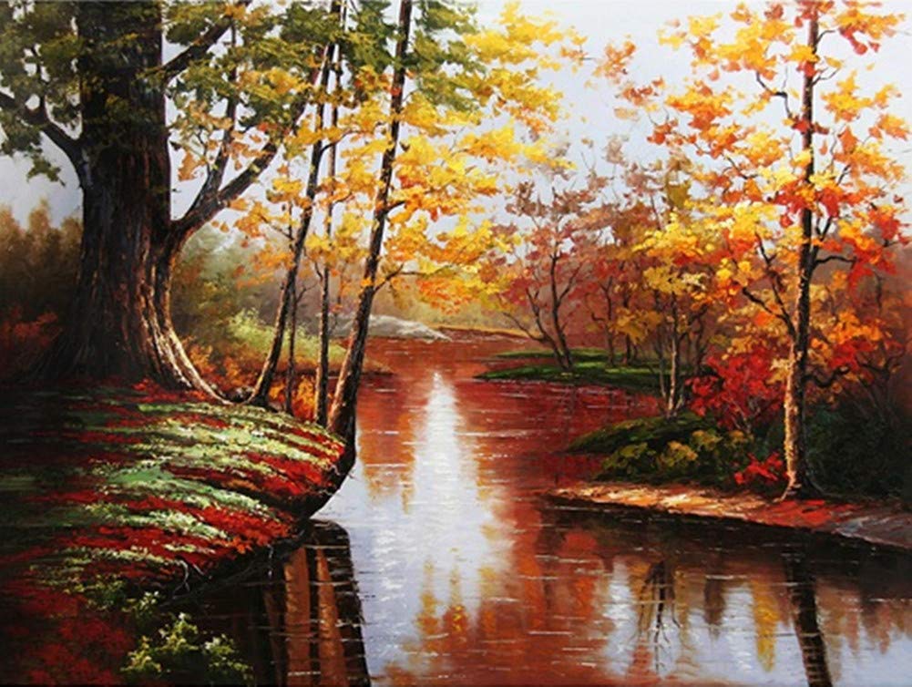 Yeesam Art Trees Paint By Numbers For Adults Beginners River Autumn Forest Maple 16X20 Inch Linen Canvas Acrylic Diy Number Painting Kits Wall Art Decor Gifts