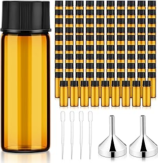 100 Pcs 5ml (1/6 oz) Small Glass Bottles Essential Oil Bottle with Plastic Screw Caps and Funnel and Dropper Empty Refillable Glass Vials Sample Vials Liquid Preservation Storage Vials (Amber)