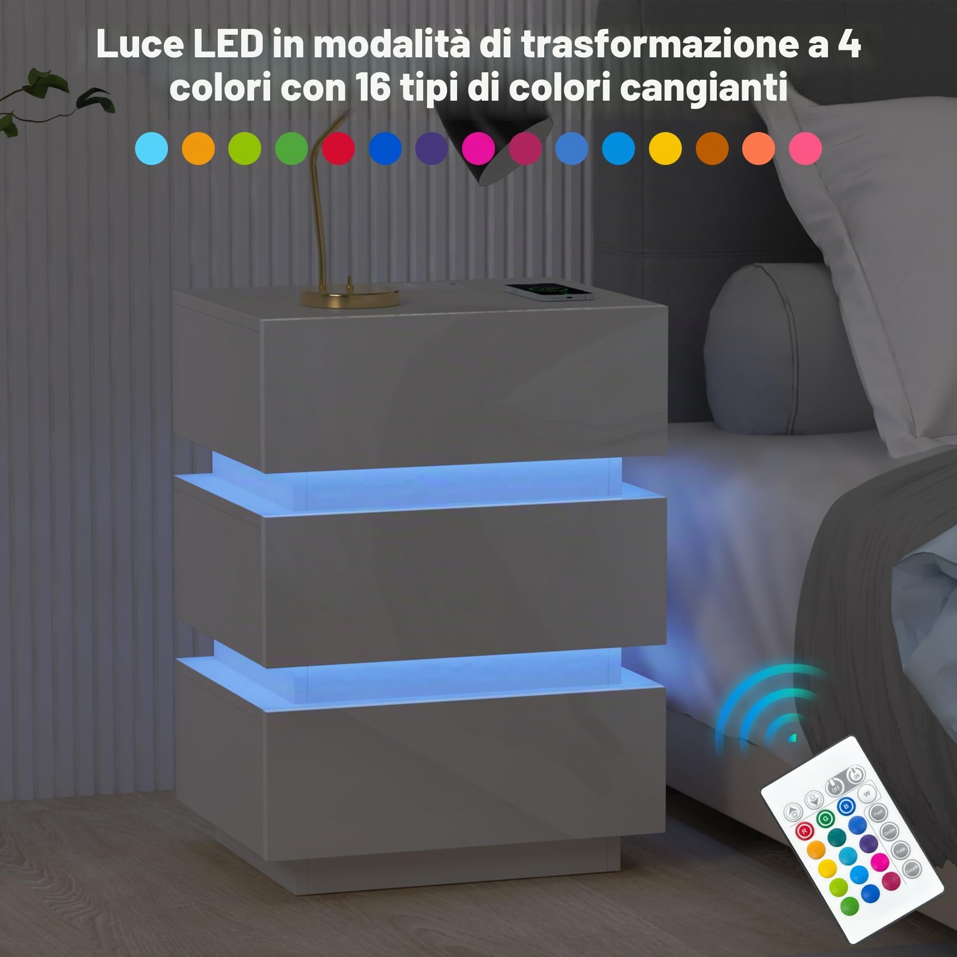 Moderno Comodino Lucido Comodini con striscia luminosa a led Bianco Comò Comodino con presa Tavolino con 3 cassetti per camera da letto, soggiorno