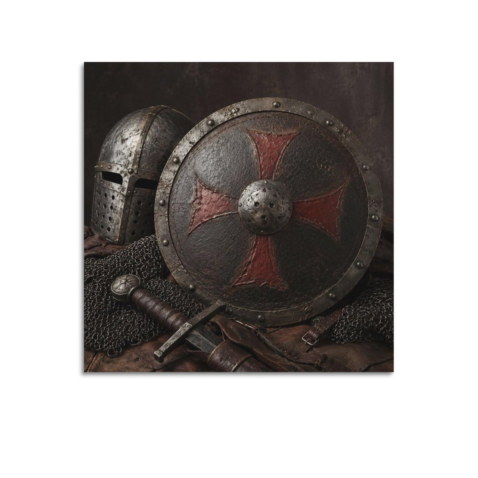 XKUGA Medieval Knight Chainmail Poster Circular Shield Relic Modern Decorative Canvas Prints - Ideal Wall Art for Family, Man Cave, Game Room, Boys & Girls Bedroom 12x12inch(30x30cm)