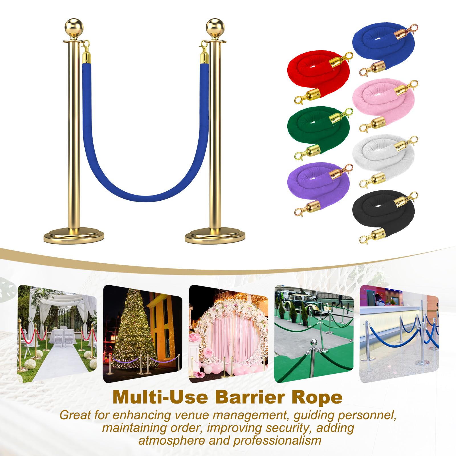 QUARKZMAN Cuerda Barrera Terciopelo 5 Ft/1.5 M, Cuerdas Alfombra Terciopelo Con Mosquetones Para Postes Divisores Cola Control Multitudes, Azul Dorado Paquete 2