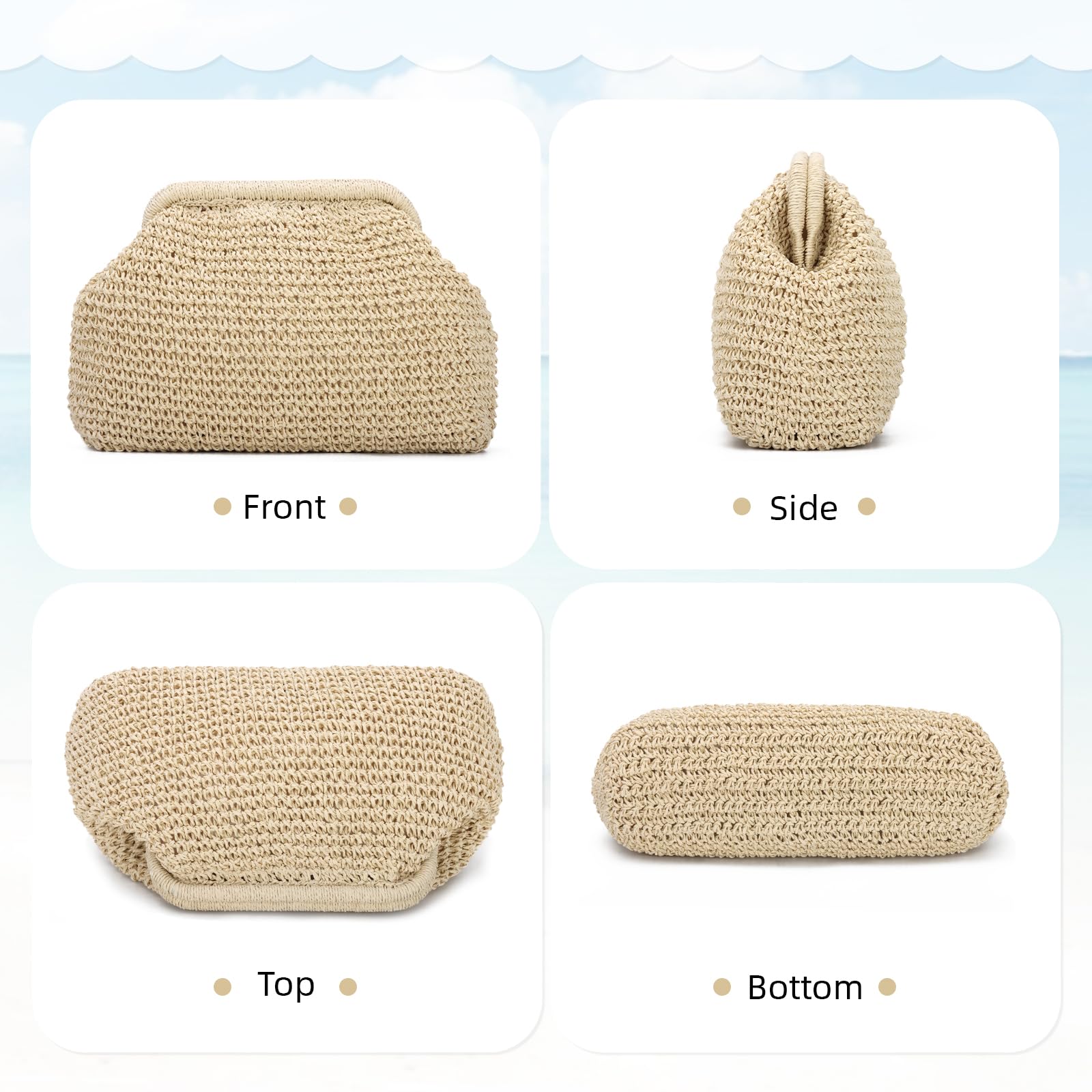 Borsa della frizione della paglia per le donne, Cloud Dumpling Pouch Borsa della spiaggia di estate