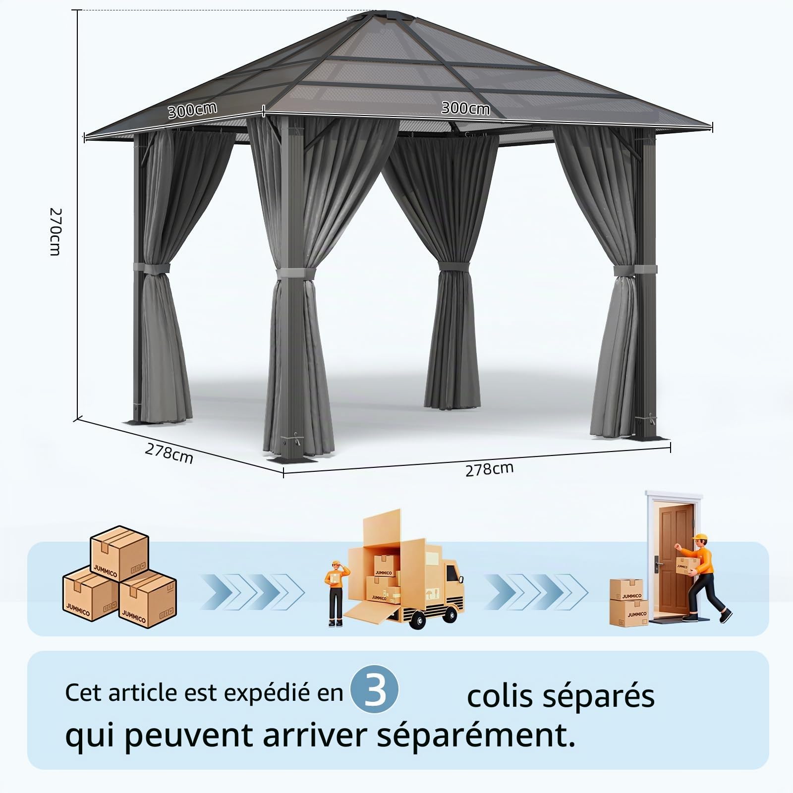 JUMMICO Tonnelle de Jardin Extérieur 3x3m en Aluminium Robuste et Imperméable ｜ avec Parois Latérales ｜ Toit Transparent Anti-UV ｜ Pergola pour Cour, Jardin, Terrasse et Plus Encore