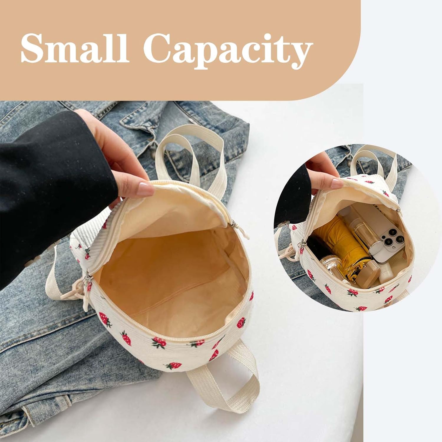 Corduroy Mini Backpack Strawberry Backpacks for Womens Girls, Small Backpack Cute Backpacks Purse with 2 Pocket (Strawberry, Pink) - Image 3